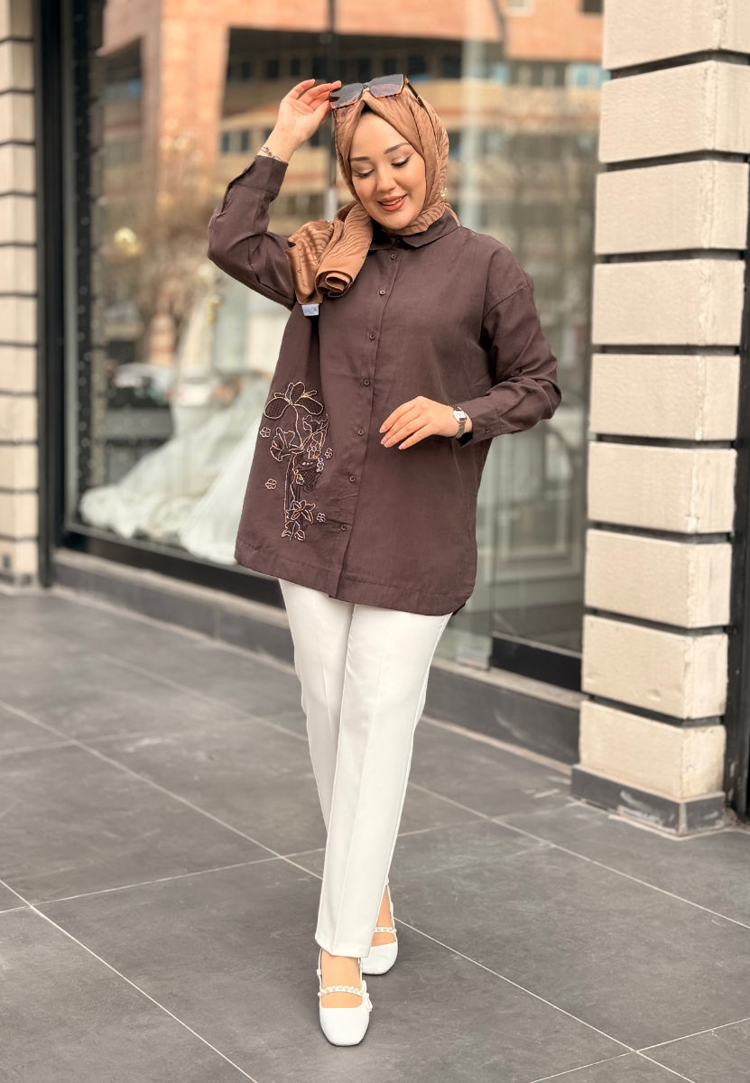 Kahve Nakış İşleme Gömlek