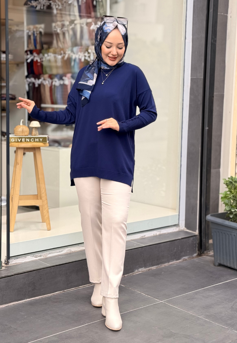 Lacivert Basic Düğme Triko