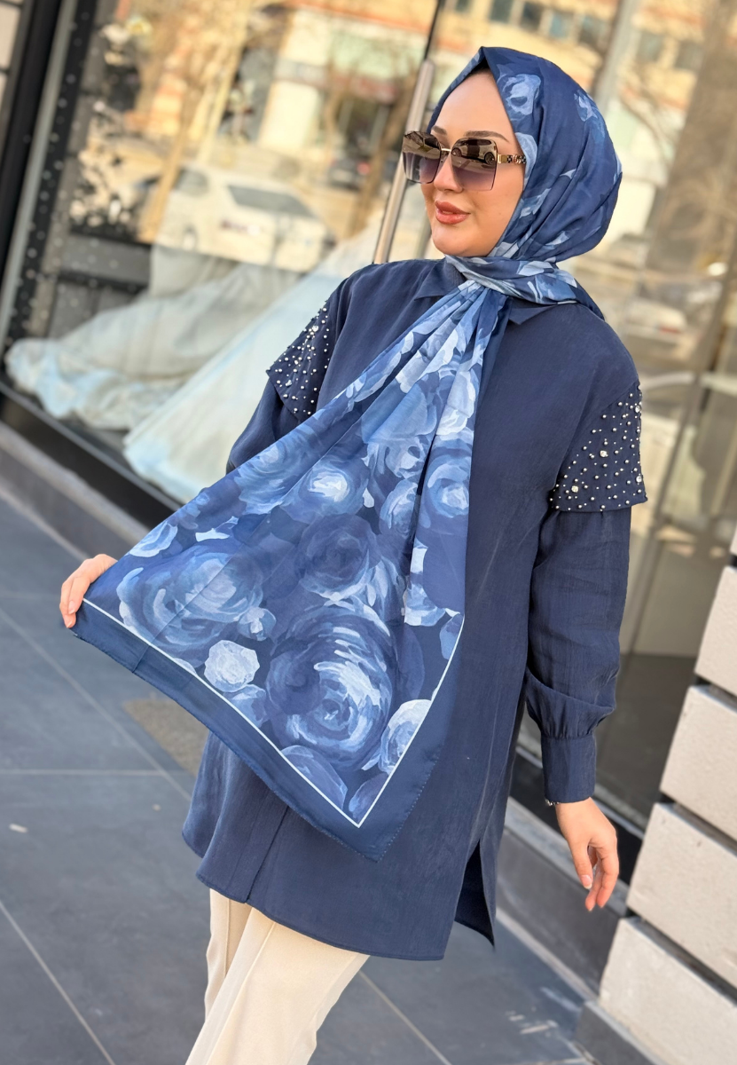 Lacivert Batik Desen Şal