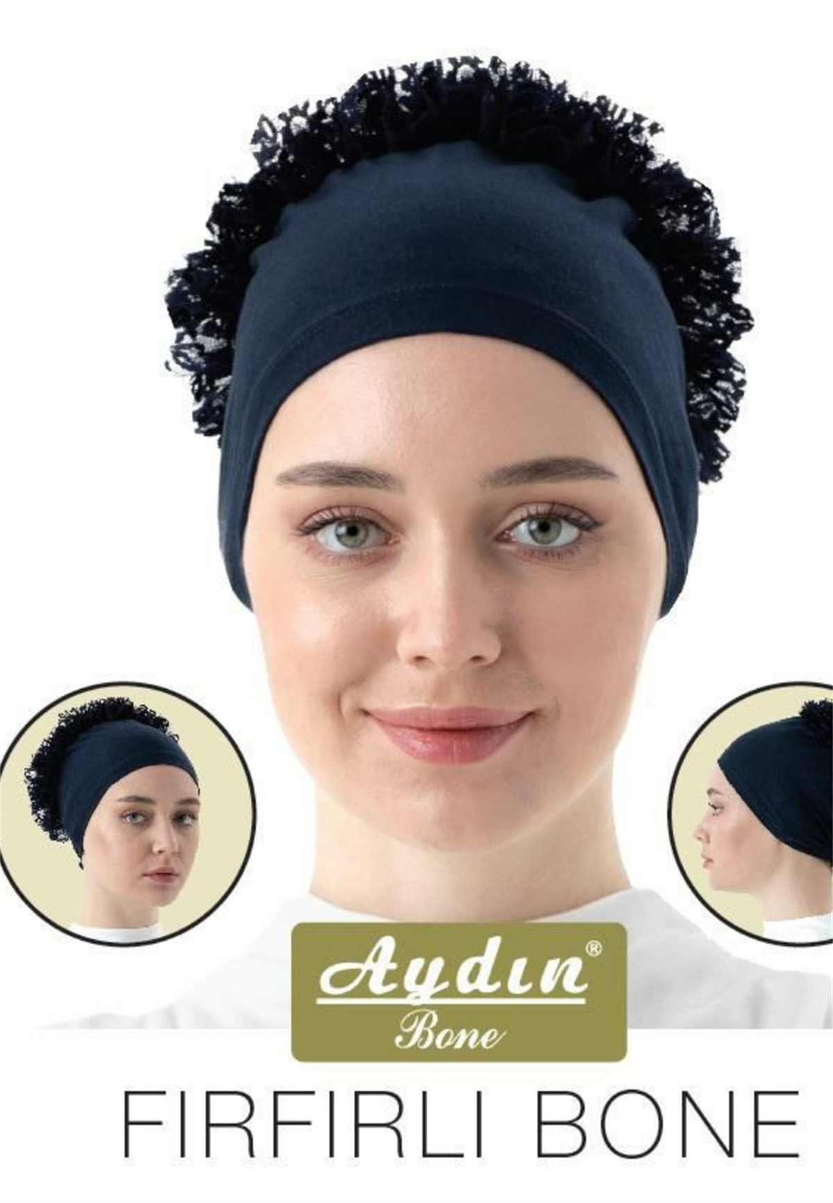 Lacivert Dikişli Dantel Topuzlu Bone  