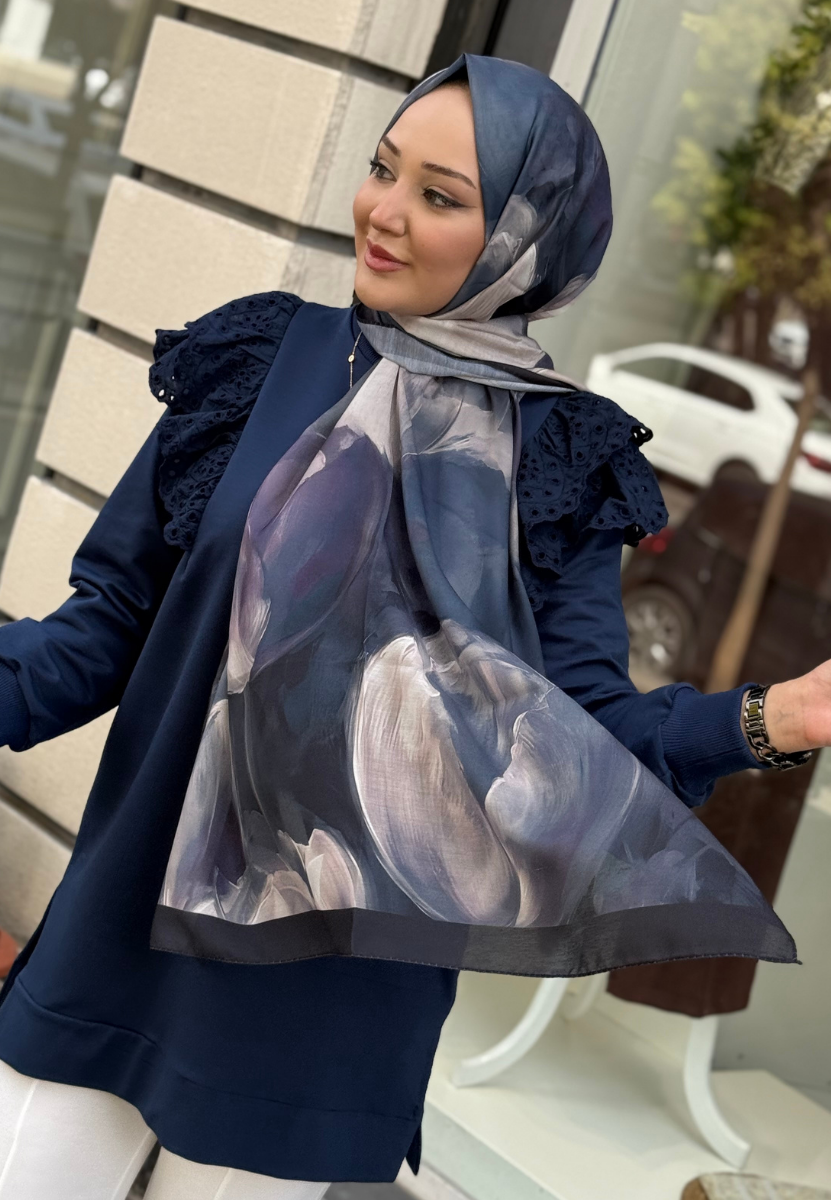 Lacivert Lale Desenli Pamuk Şal