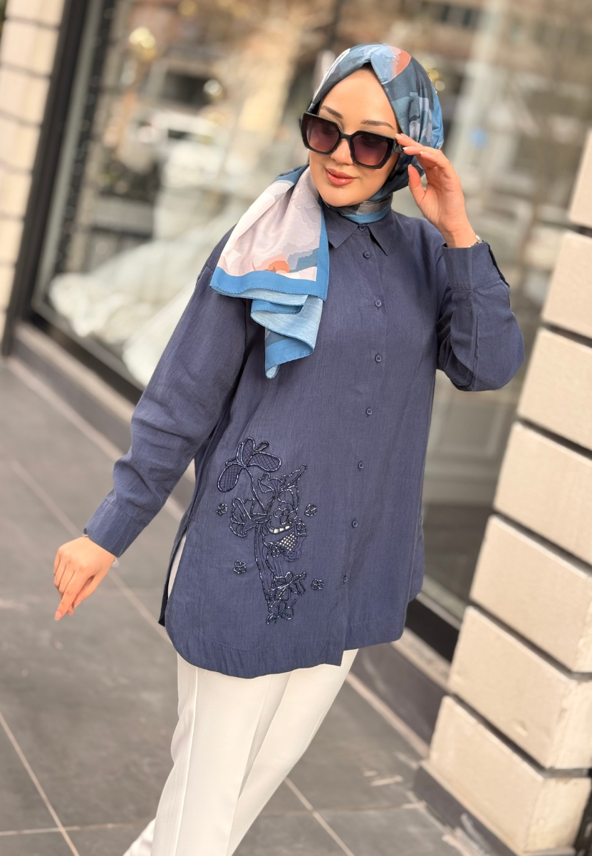 Lacivert Nakış İşleme Gömlek