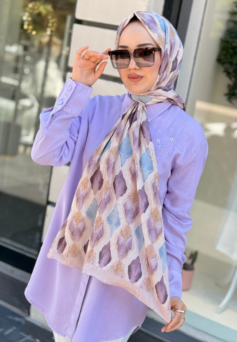 Lila Karo Desen Kraş Şal