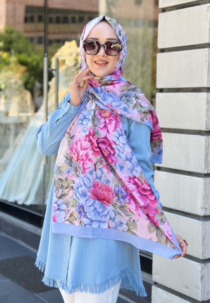 Mavi-Pembe Botanik Kraş Şal