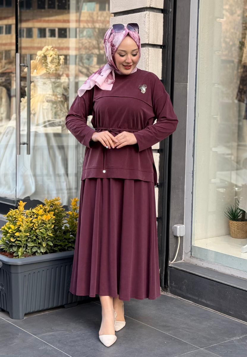 Mürdüm Broşlu Etekli Takım