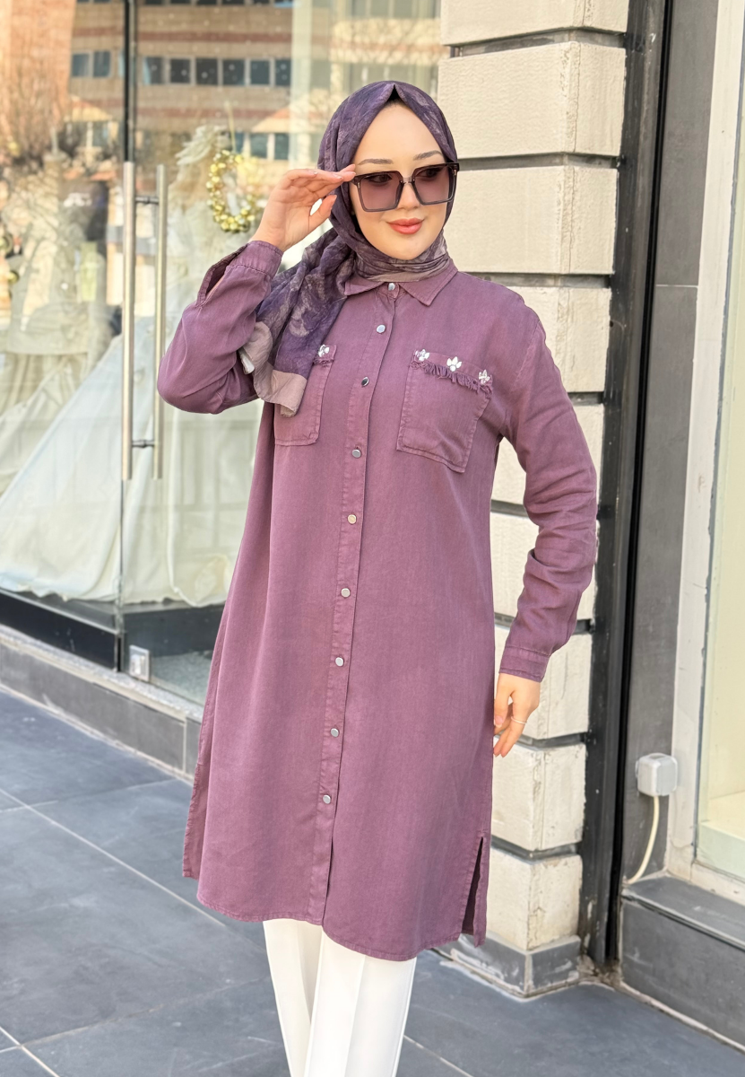Mürdüm Yonca Uzun Tensel Gömlek
