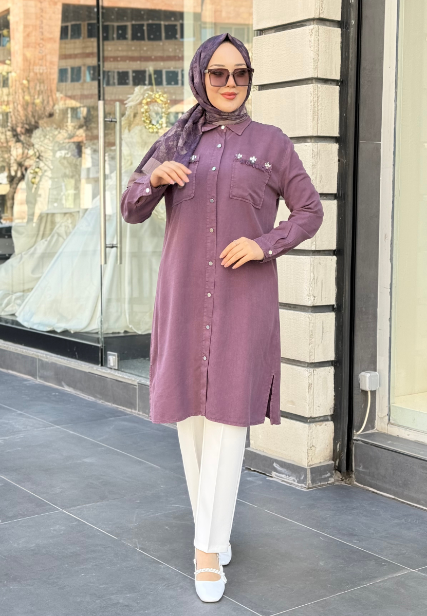 Mürdüm Yonca Uzun Tensel Gömlek