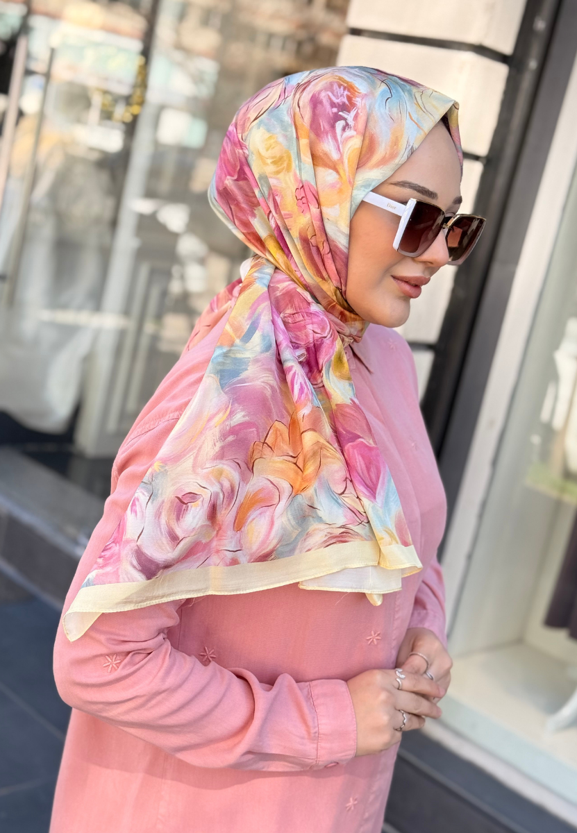 Rose Garden Pastel Sarı Floş Viscon Şal