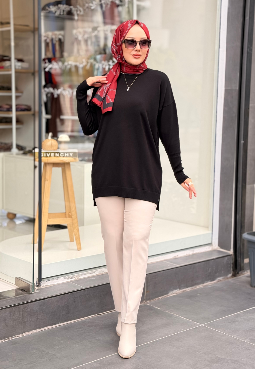 Siyah Basic Düğme Triko