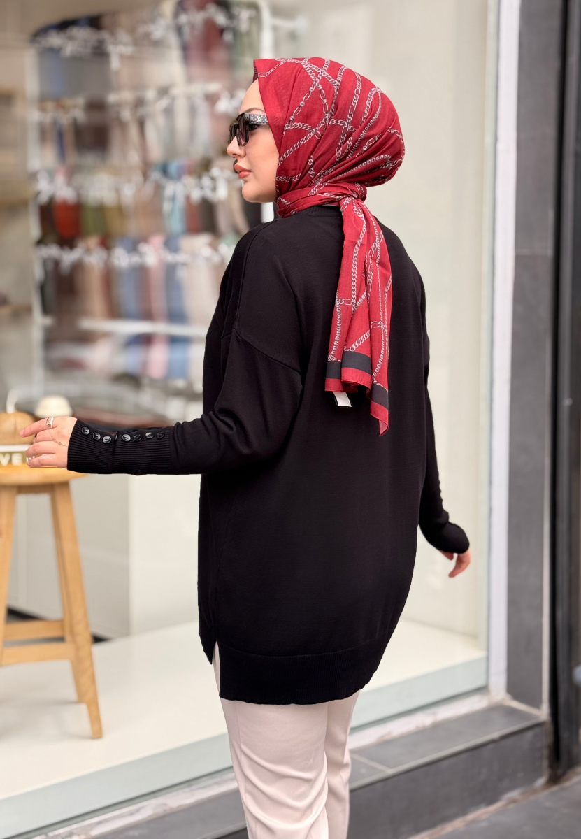 Siyah Basic Düğme Triko