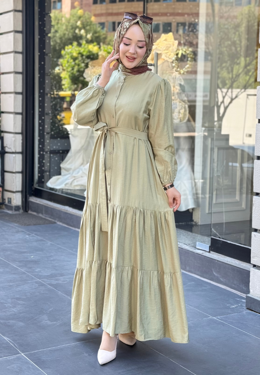 Zeytin Yeşili Volanlı Elbise