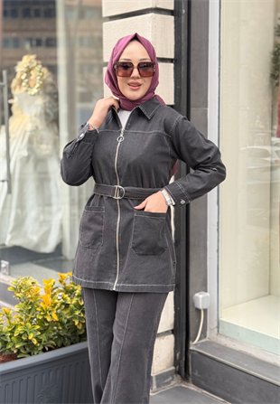 Antrasit Kemerli Denim Takım