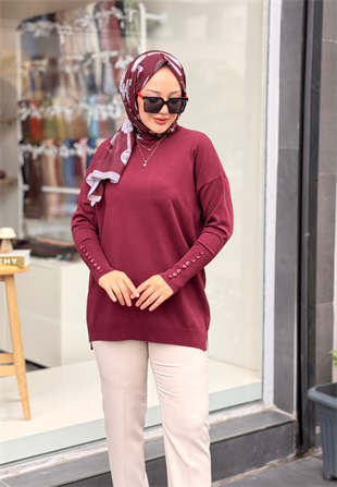 Bordo Basic Düğme Triko