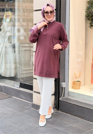Bordo Fermuarlı Tensel Tunik