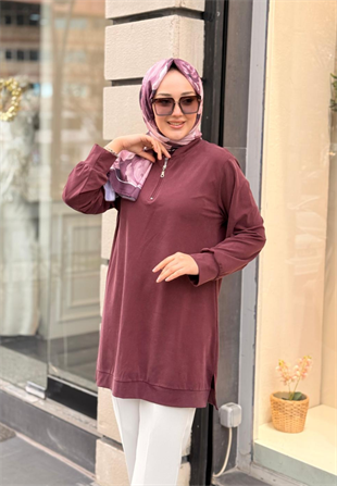 Bordo Fermuarlı Tensel Tunik