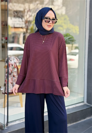 Bordo İnce Çizgili Sweat