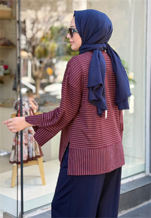 Bordo İnce Çizgili Sweat