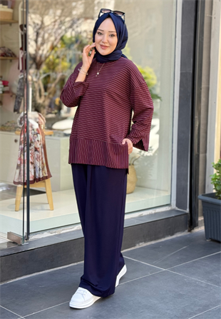 Bordo İnce Çizgili Sweat