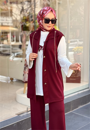 Bordo Yonca Yelekli Takım