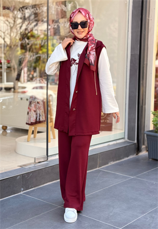 Bordo Yonca Yelekli Takım