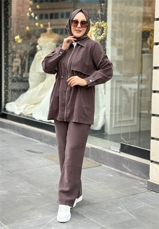 Kahve Kontrast Dikişli Takım