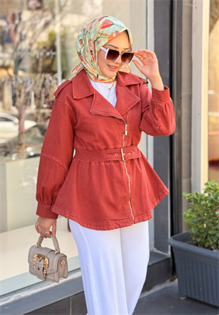 Kiremit Kemerli Denim Ceket