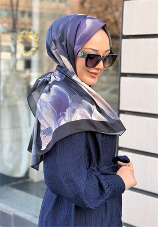 Lacivert Lale Desenli Pamuk Şal