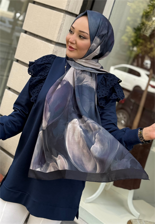 Lacivert Lale Desenli Pamuk Şal