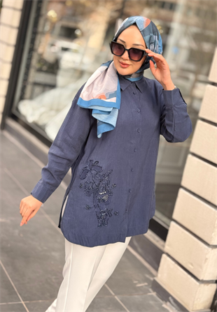Lacivert Nakış İşleme Gömlek