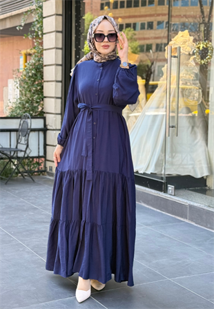 Lacivert Volanlı Elbise