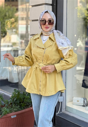 Sarı Kemerli Denim Ceket