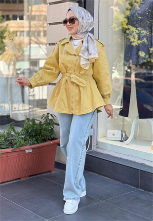 Sarı Kemerli Denim Ceket