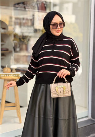 Siyah-Bordo Miranda Çizgiili Kısa Triko