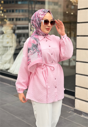 Uçuk Pembe Gofre Gömlek