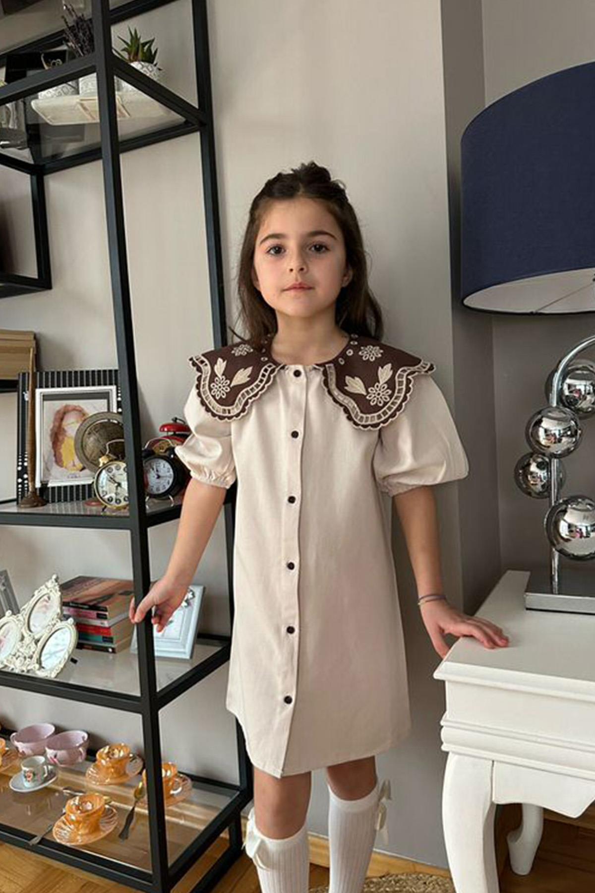 Nakışlı Bebe Yaka Elbise Krem