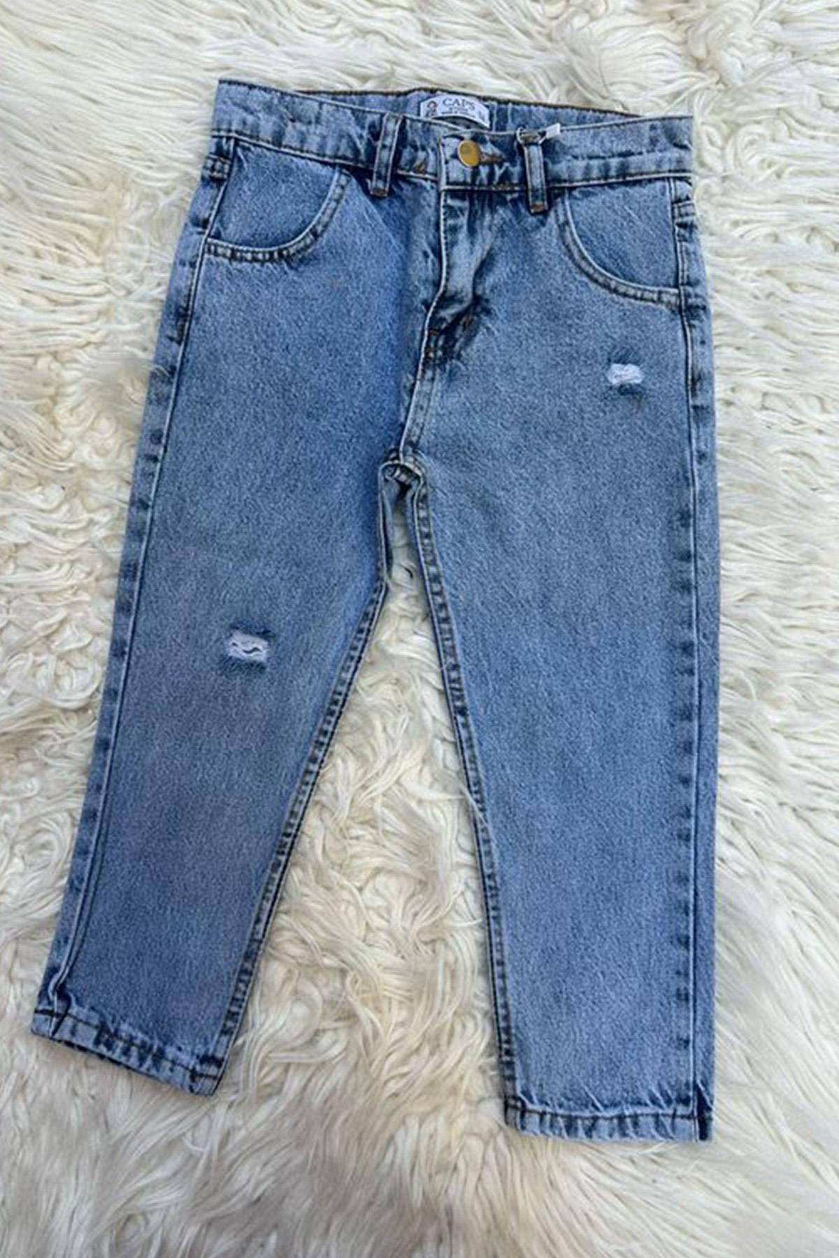 Unisex Yırtık Buz Mavi Jean Pantolon