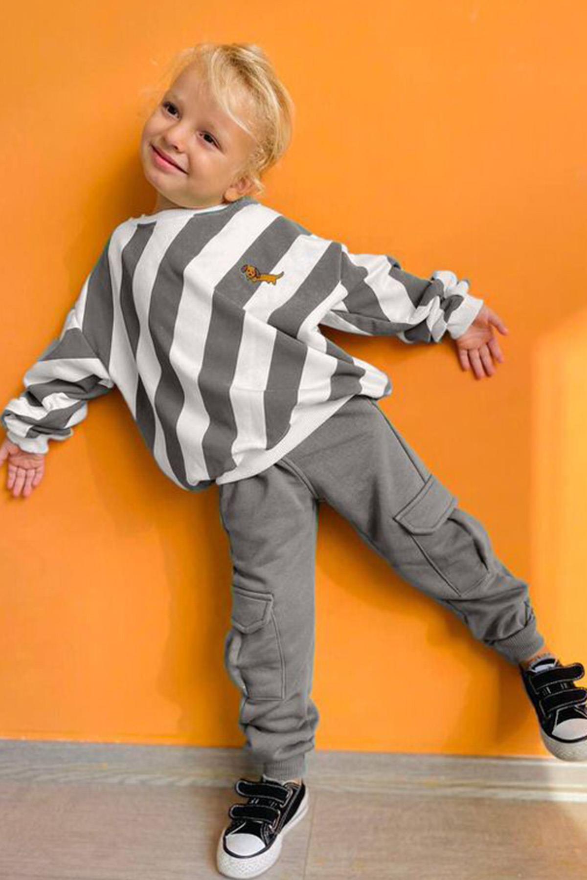 3 İplik Unisex Çizgili Eşofman Takım 
