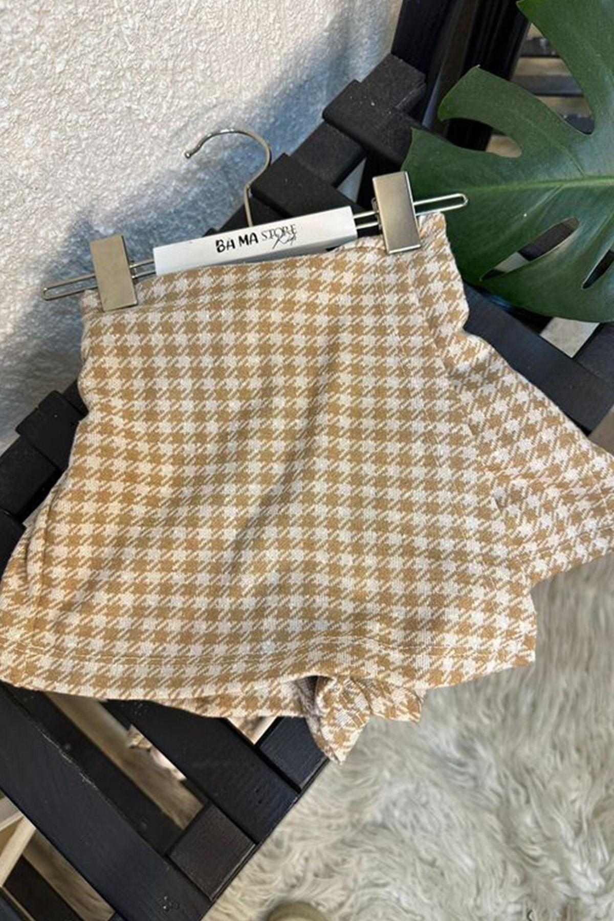 Ekoseli Şortlu Etek Bej
