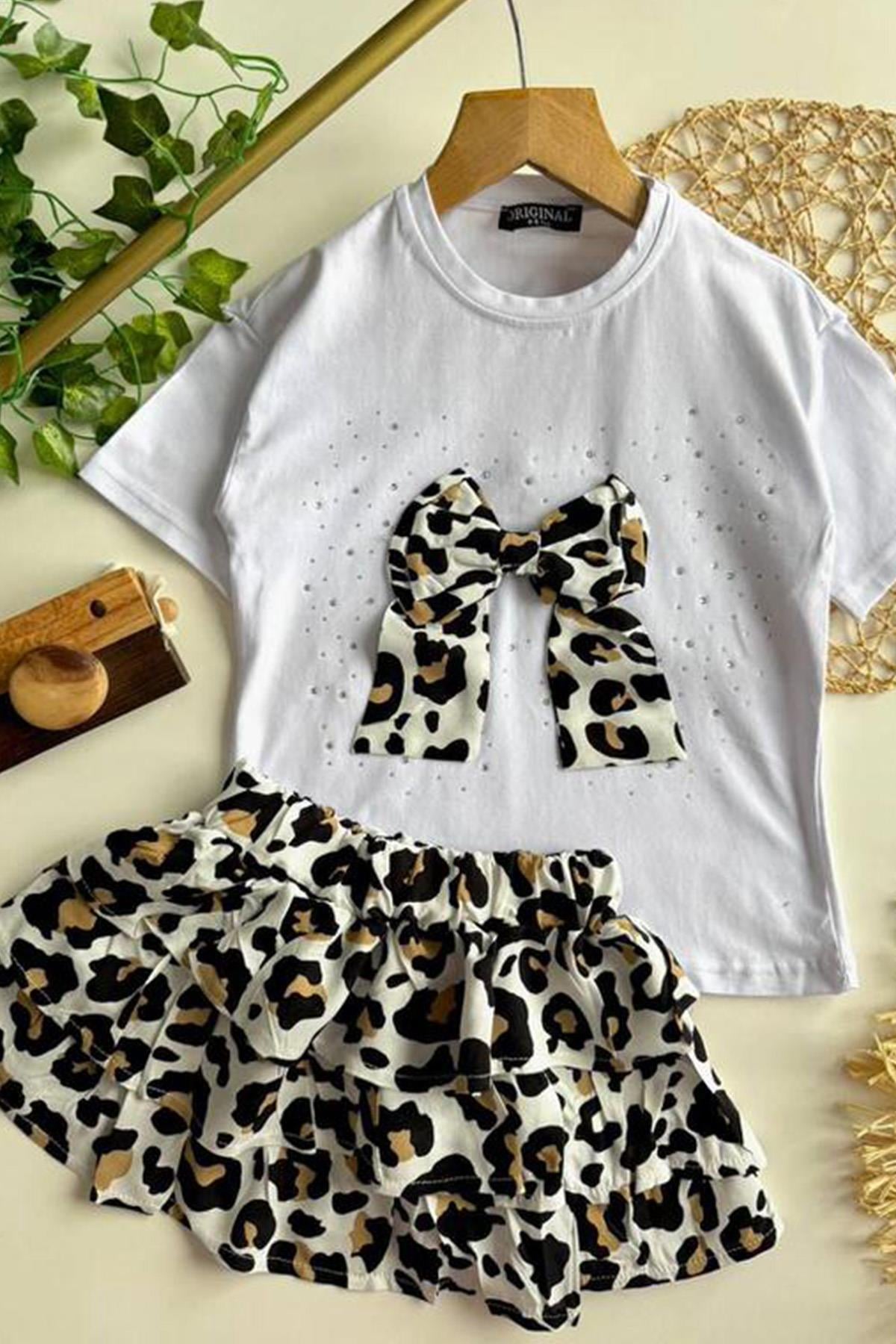 Leopar Fırfırlı Etek Takım Kahve