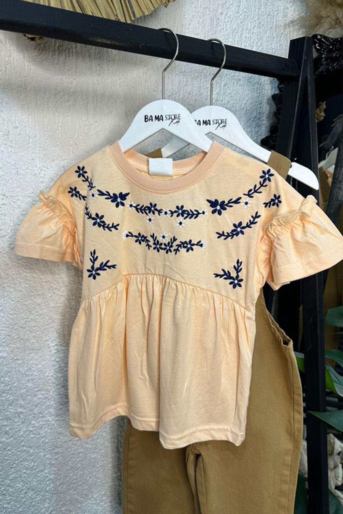 Nakışlı Çiçekli Tshirt Somon