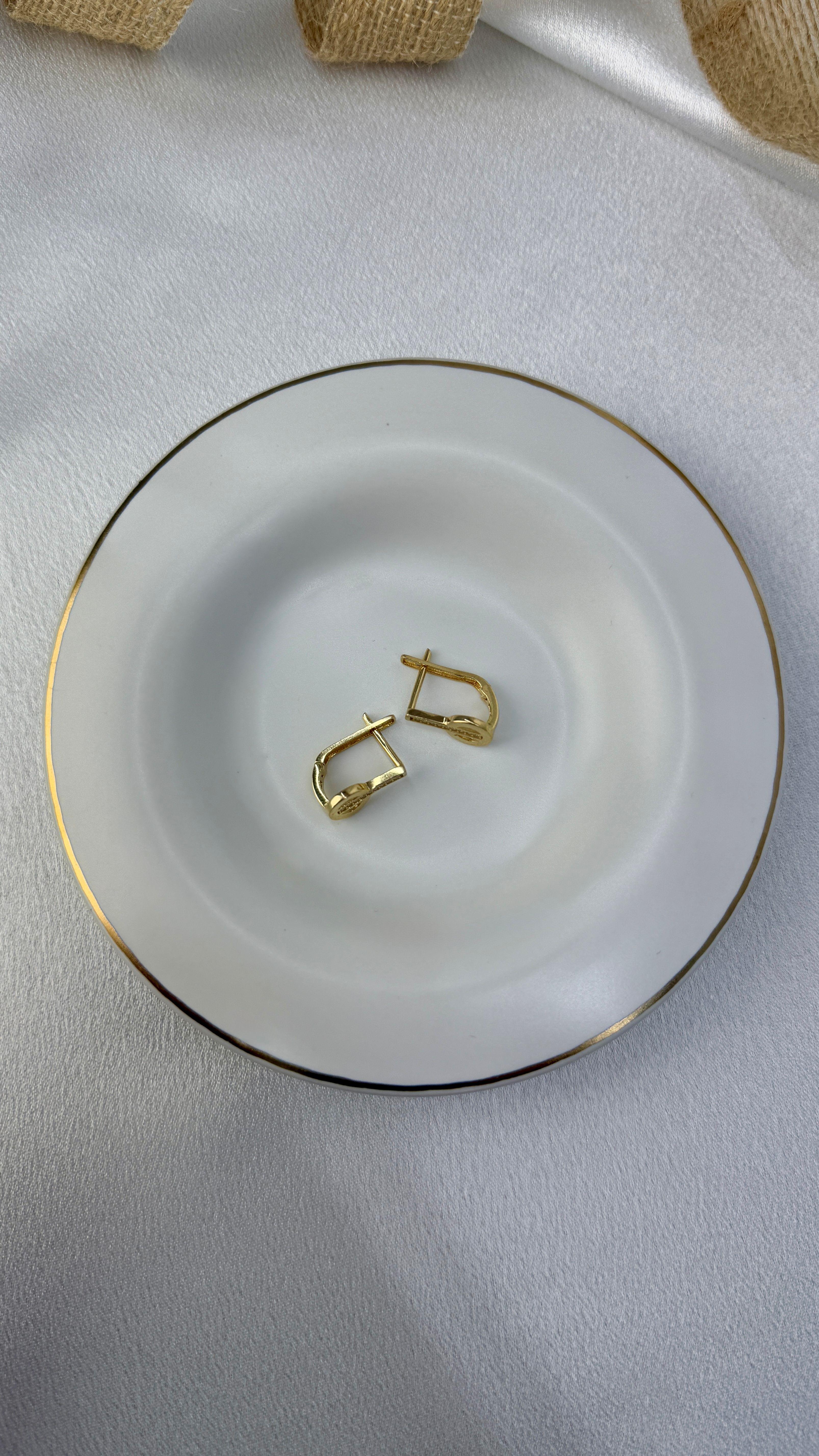 Halka Ve Çubuk Motifli Taşlı Altın Küpe