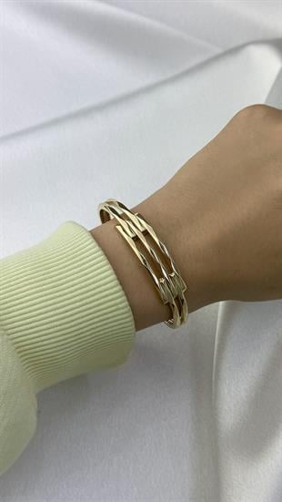 3 Sıra Desenli Kaburga Kelepçe Altın Bilezik