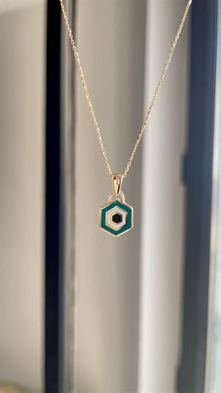 Altıgen Nazar Boncuklu Altın Kolye