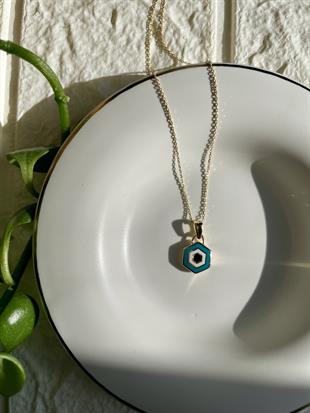 Altıgen Nazar Boncuklu Altın Kolye