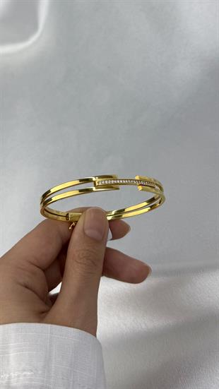 Çift Kollu Zirkon Taşlı Altın Kelepçe Bilezik