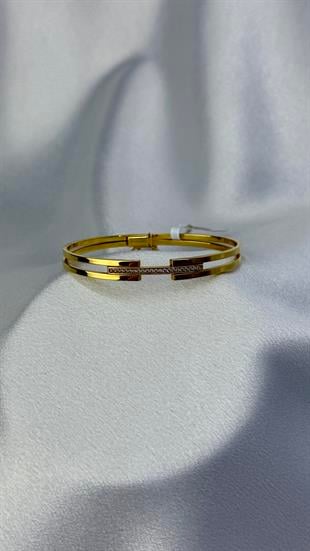 Çift Kollu Zirkon Taşlı Altın Kelepçe Bilezik