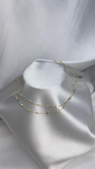 Dorika Toplu Beyaz Ve Mavi Renk Mineli Altın Kolye