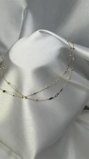 Dorika Toplu Beyaz Ve Mavi Renk Mineli Altın Kolye