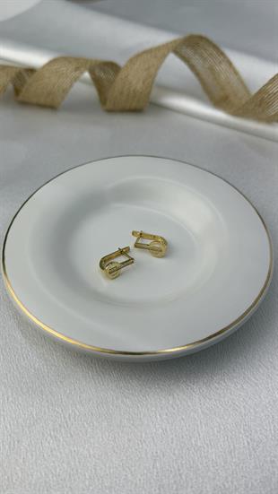 Halka Ve Çubuk Motifli Taşlı Altın Küpe