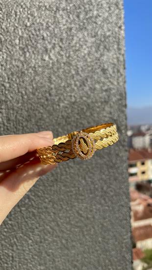 Örgü Burmalı Osmanlı Tuğralı Taşlı Altın Kelepçe